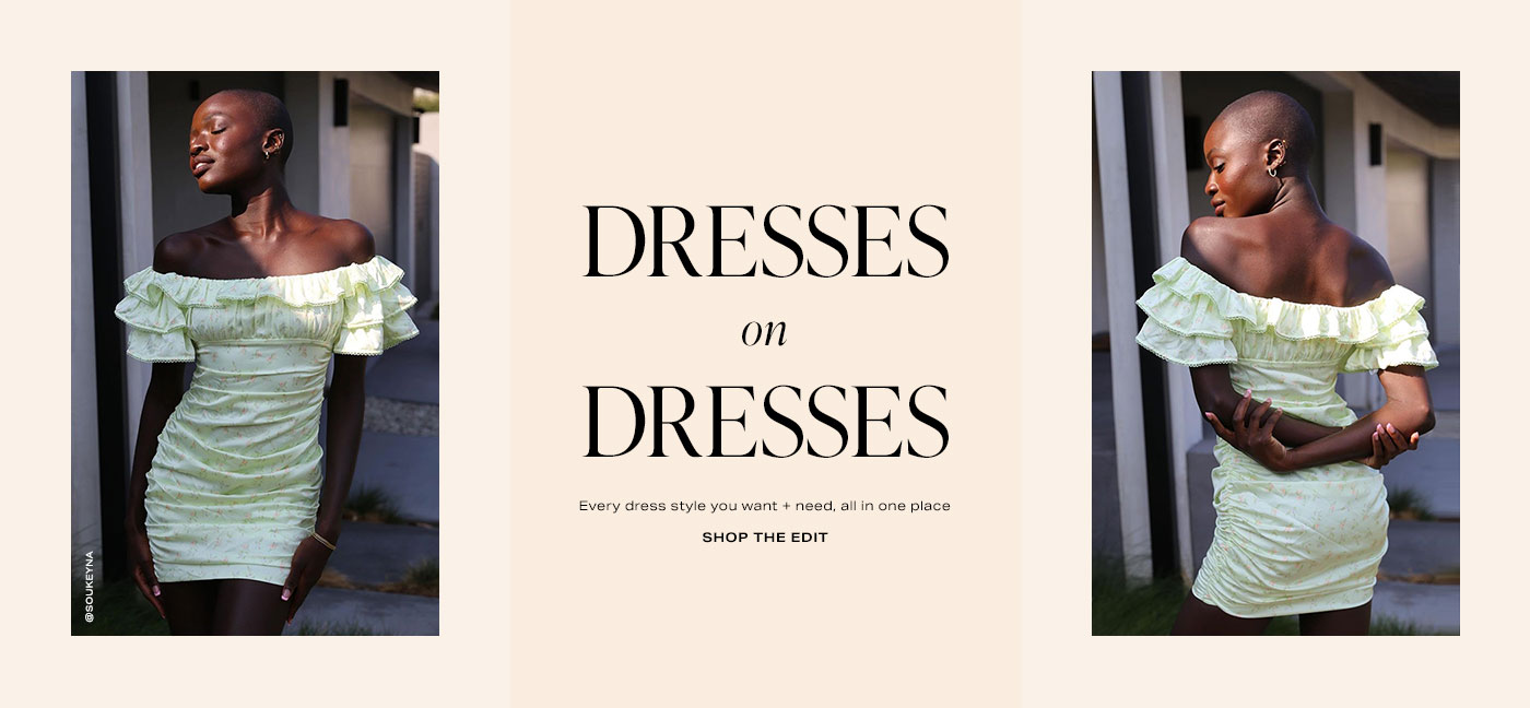 SouKeyna Diouf wearing a sage floral print off the shoulder mini dress with ruffle sleeves. Dresses on Dresses. Shop the Edit.