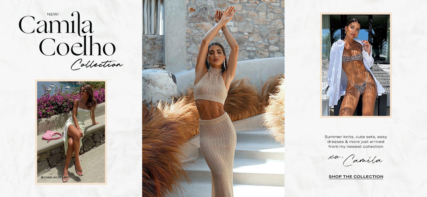 Camila Coelho wearing aa printed midi dress, sitting down looking out into the ocean. Camila Coelho posing with her arms up wearing a beige sleeveless cropped turtleneck top, matching maxi skirt, and a gold body chain. Camila Coelho wearing a brown leopard bring bikini top and matching bikini bottoms, a gold waist chain, and a white long sleeve button down shirt. New! Camila Coelho Collection. Shop the Collection.
