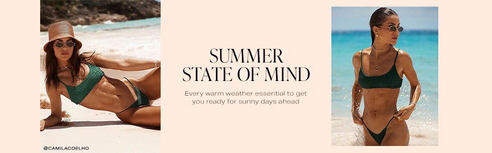 Camila Coelho lying on the beach wearing a straw hat, sunglasses, a green bikini top and matching bottoms. Camila Coelho standing in front of the ocean wearing sunglasses, a green bikini top and matching bottoms. Summer State of Mind. Shop Now.