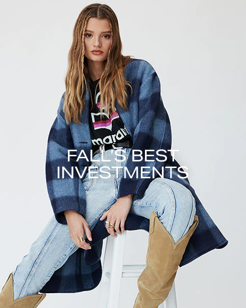 A model wearing a blue paisley print mini dress with long sleeves and a white belt, and silver knee-high boots. A model wearing a blue plaid coat, black graphic tee, blue jeans, and tan knee-high boots. A model wearing a blue paisley print mini dress with long sleeves and a white belt, and silver knee-high boots. Fall’s Best Investments. Shop the Edit