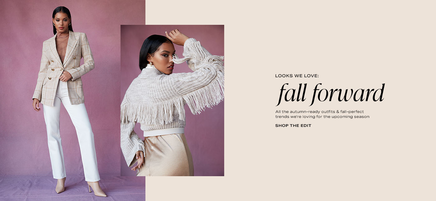 A model wearing a brown turtleneck top, a beige plaid blazer, white pants, and beige boots. A model wearing a beige sweater with fringe trim and tan bottoms. Looks We Love: Fall Forward. Shop the Edit.